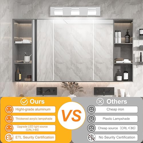 Miniatura 3 de Ralbay Luces LED modernas para tocador de baño, cromadas, 3 luces, 24 pulgadas, acrílico, modernas, accesorios de iluminación de pared para baño,