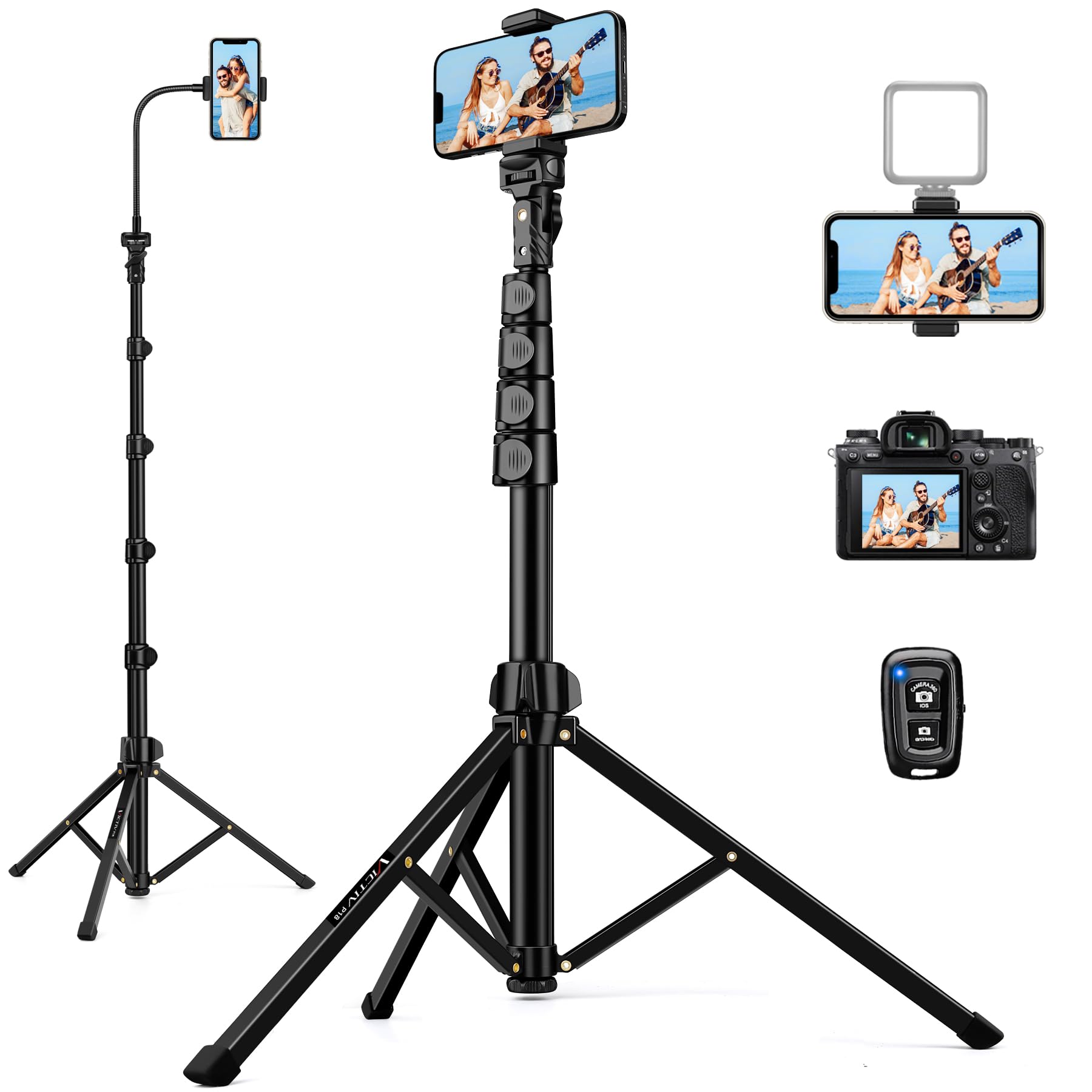Phone Tripod Stand, 85" Tall Cell Phone Tripod with Gooseneck and Remote, Portable Phone Stand Tripod for Recording, Aluminium Travel Tripod, Compatible with iPhone 14 13 12 pro Android Cellphone