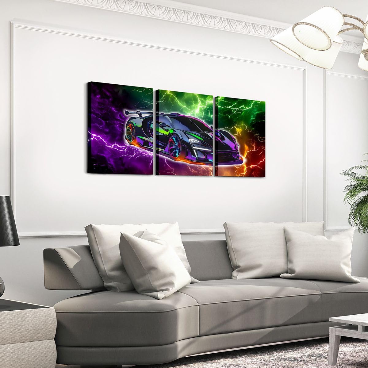 Racing Car Canvas Wall Art Set Of 3 Pieces,Cartoon Sports Car Wall Decor Home Artwork for Living Room Bedroom Decorative,Extreme Sports Theme Colorful Paintings Wall Hanging for Kids Boys Girls image 3