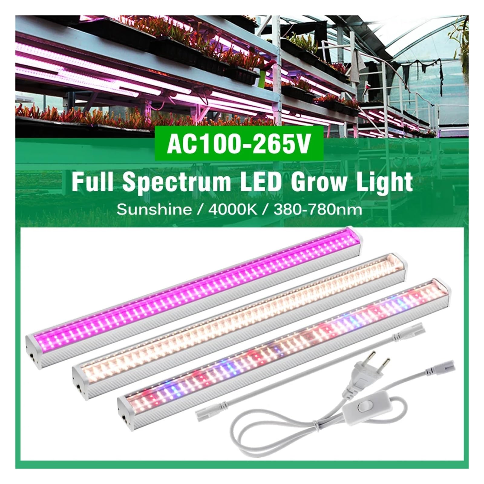 Lámpara de Plantas, Luz de cultivo 100V-265V Barra de luz LED de espectro completo for plantas lámpara Phyto de 53cm con cable de conexión Sunshine 4000K 380-780nm(Sunshine-2pcs)