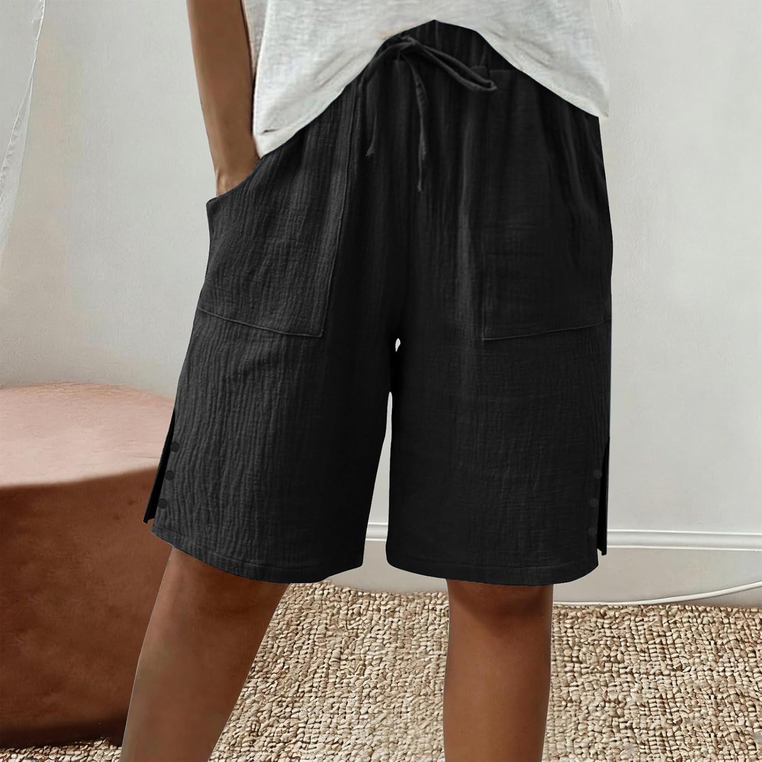 Women Casual Bermuda Shorts Summer Slit Hem Vacation Beach Shorts Drawstring Wide Leg Loose Bermuda Pants with Pocket