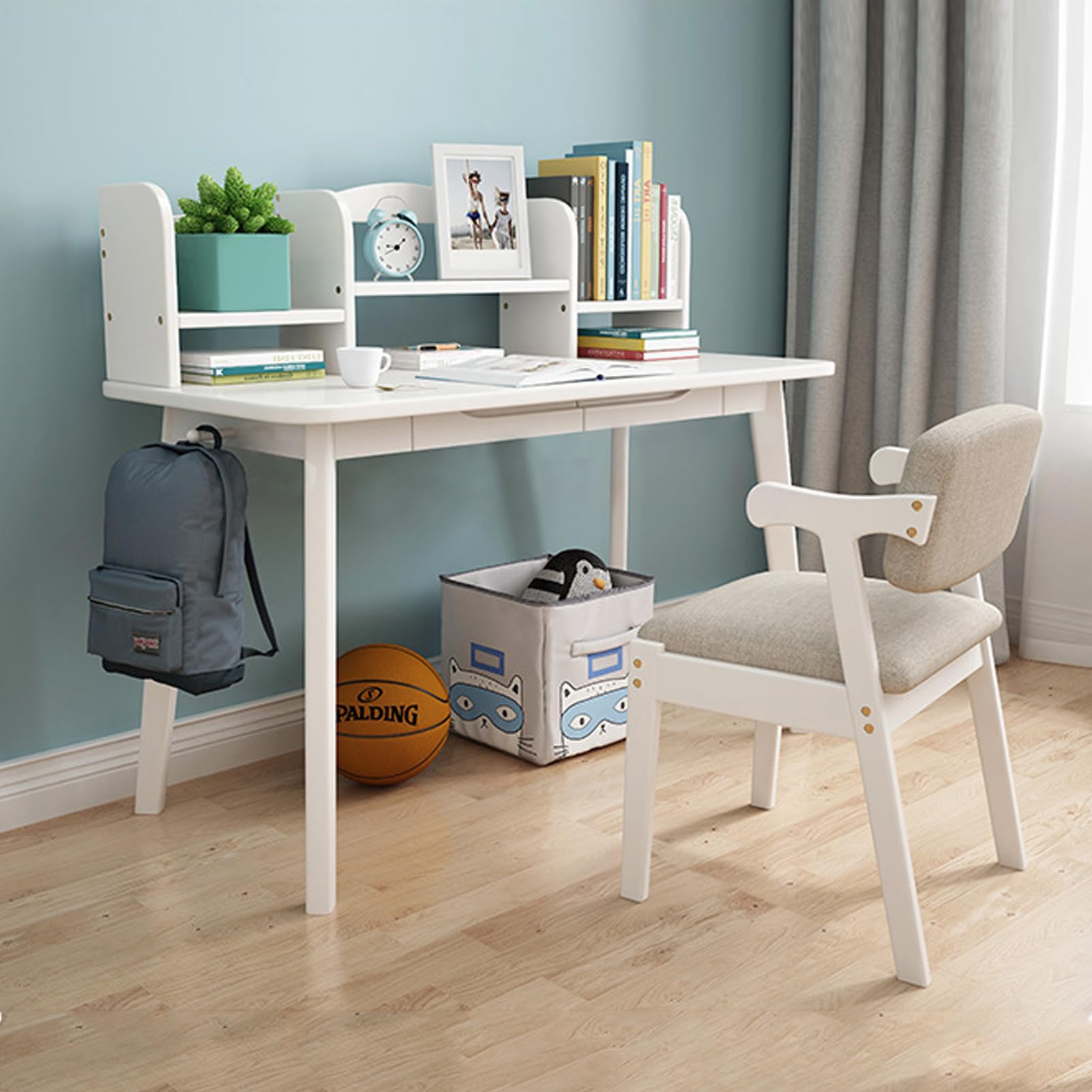 Escritorio Blanco con Cajones Infantil, Silla Escritorio Blanca Madera NiñO, Mesa para NiñOs con Cajones y Estante De Almacenamiento Inferior, Mesa Estudio para Estudiantes White Chair