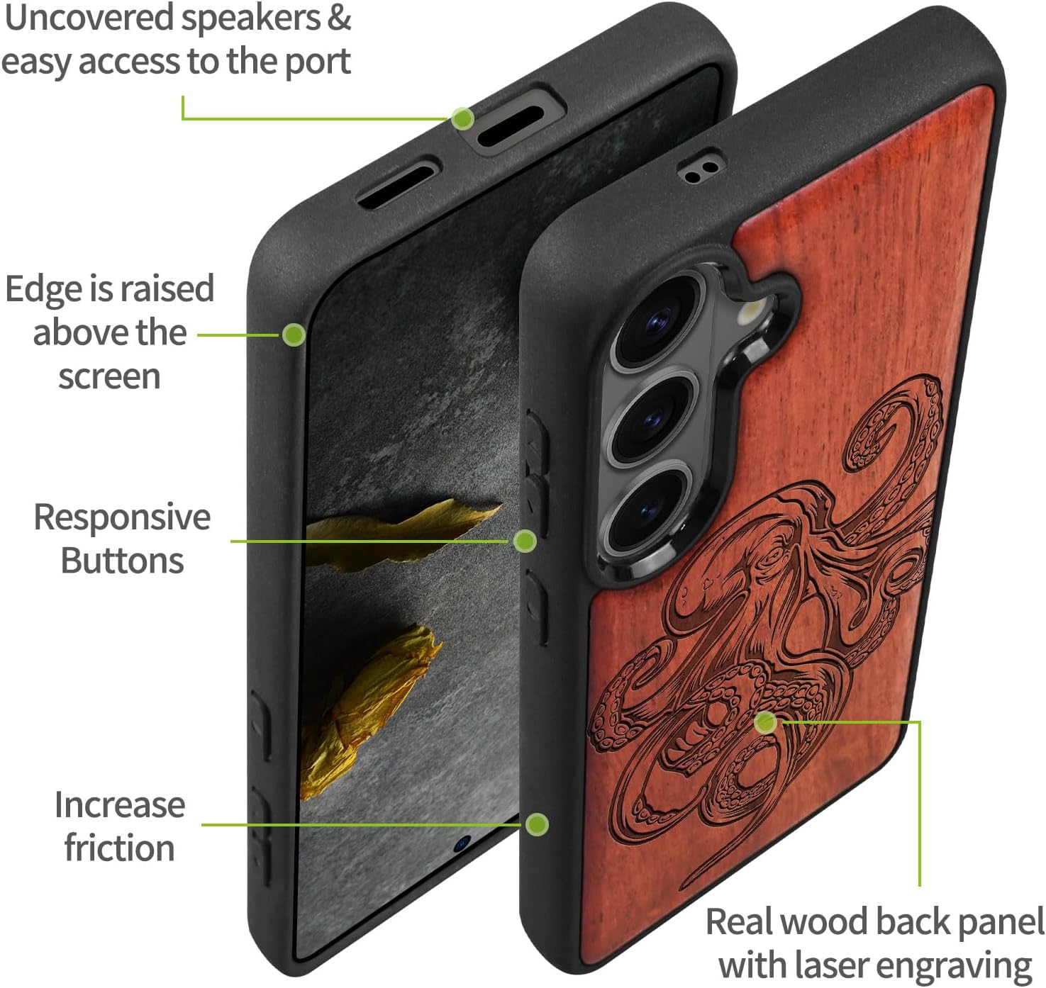 Carveit Magnetic Wooden Case for Samsung Galaxy S26 Case 2026, TPU Shockproof Cover & Wood Artisan Engraved, Compatible with MagSafe Wireless Chargers (Octopus Drawing) Rosy