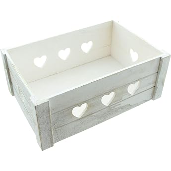 FRANK FLECHTWAREN Holzkiste mit Herzmuster Aufbewahrungsbox aus massivem Holz 30x20x12cm handgefertigt & stabil wei  gekalkt f r Wohnzimmer & Kinderzimmer