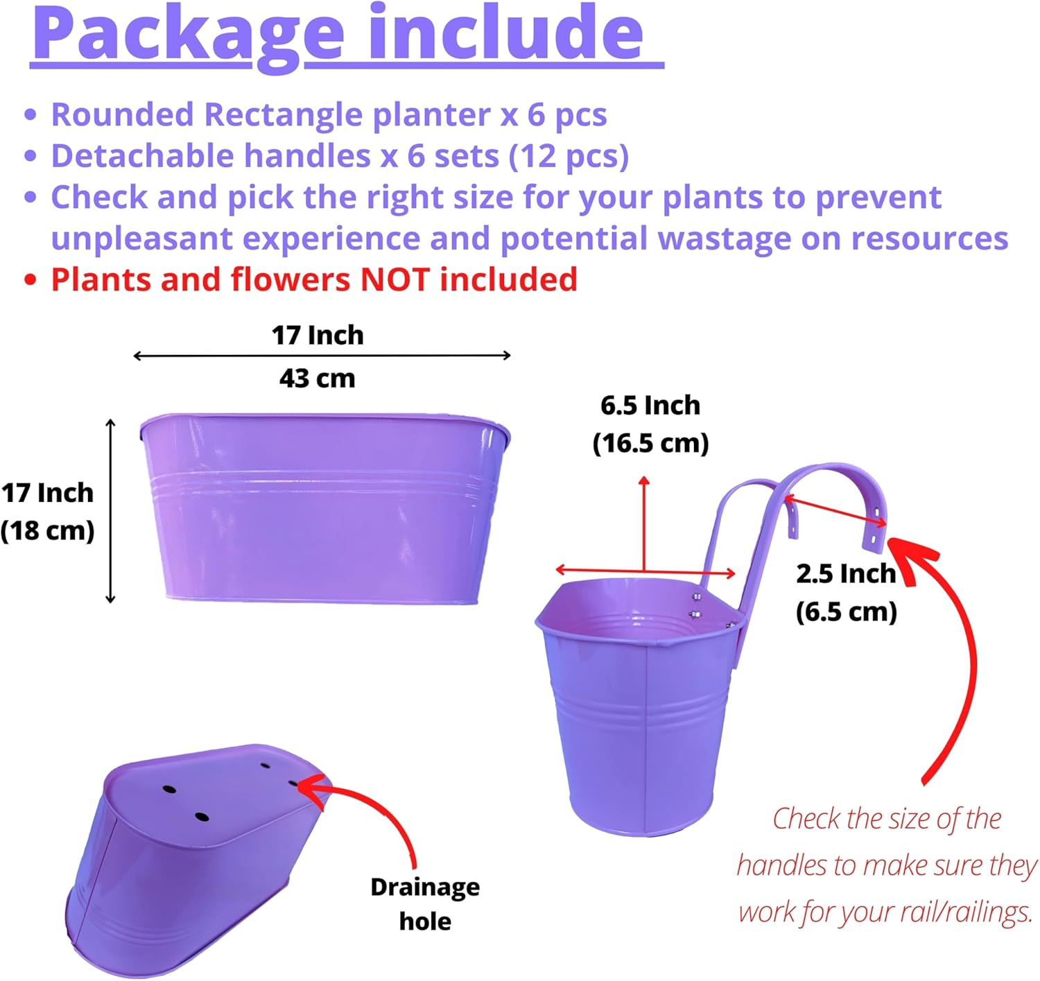 LaLaGreen Rail Planter (17 Inch, 6 Pack) Colorful Hanging Flower Railing Fence Balcony Gardening for Apartment Patio Planters Modern Garden Style Metal Iron Outdoor Deck Decoration Porch Decor Pots