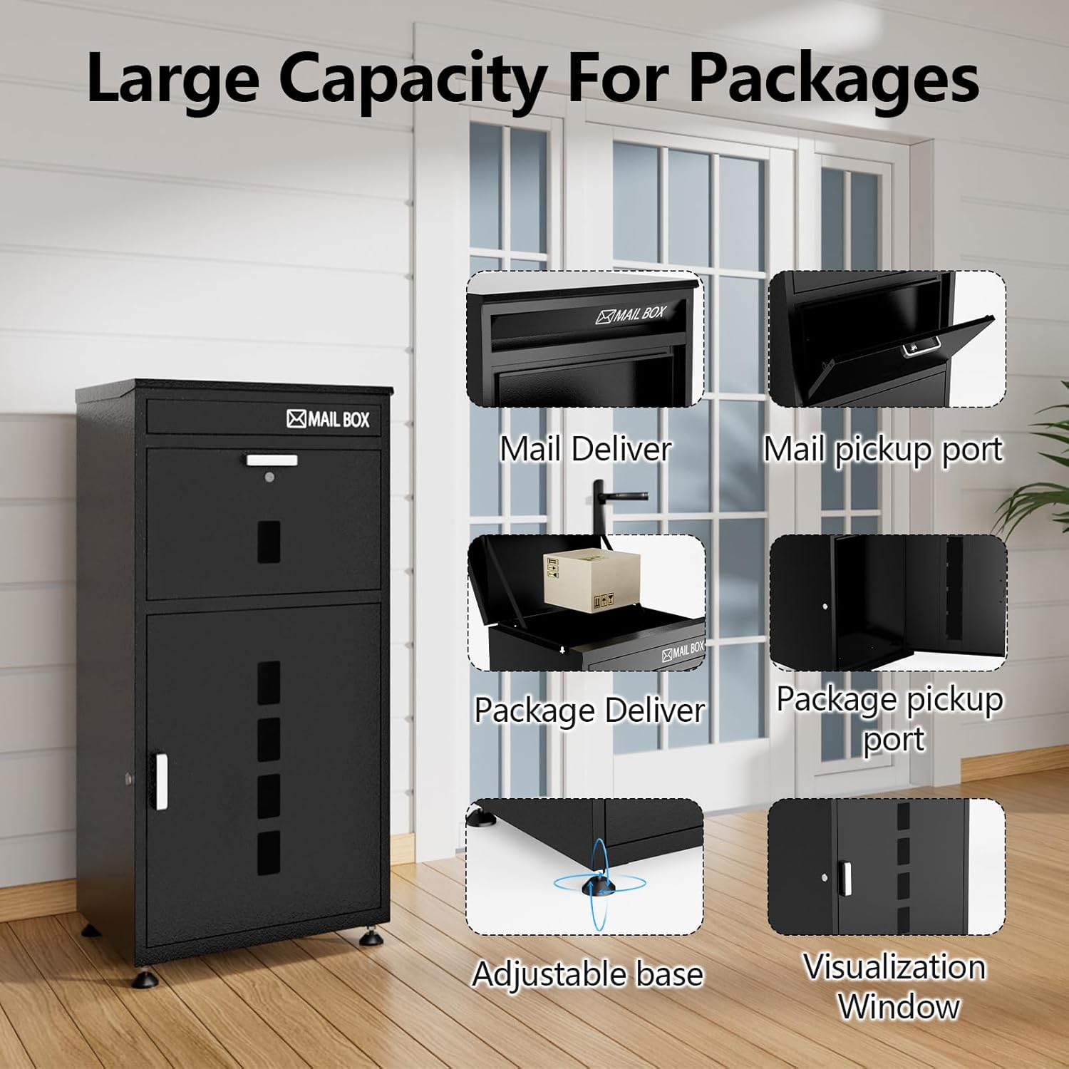KAER Package Delivery Boxes for Outside, 41.5"x 19.7"x 16.5" Cold-Rolled Steel Large Delivery Box for Packages & Mails, Anti-Theft Lockable Large Parcel Drop Box for Outdoor, Porch, Curbside(Black)