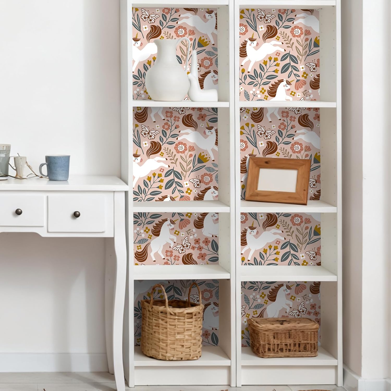 VaryPaper 17.7"x78.7" Cute Unicorn Butterfly Floral Wallpaper Peel and Stick for Nursery Kids Room Removable Boho Pink Floral Contact Paper for Cabinets Waterproof Self Adhesive Wall Mural Wallpaper
