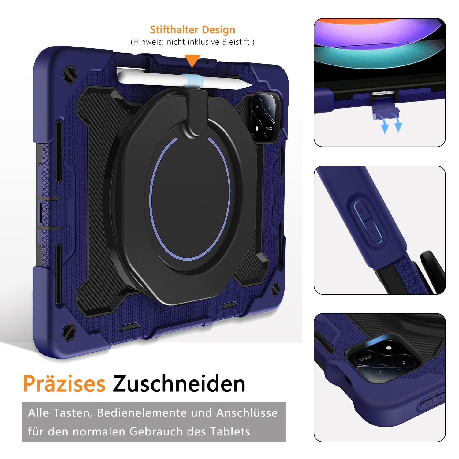ROISKIN Hülle für Xiaomi Pad 6s Pro 12,4 Zoll 2024 mit Displayschutz & Schultergurt & Stifthalter,Heavy Duty Stoßfeste Xiaomi Pad 6S Pro Hülle,360 Drehbarer Ständer für Kinder,Marineblau