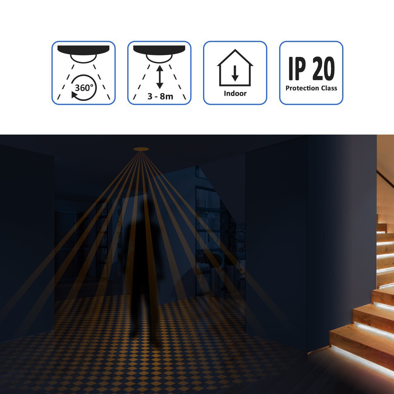 deleyCON 2X Infrarrojos Detector de Movimiento de Techo En el Interior - Alcance 8m a 360° Brillo Ambiente Ajustable IP20 Montaje Empotrado Aluminio