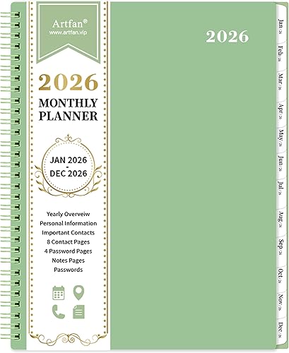 Artfan  Agenda mensual 2021-2022  De 18 meses con pestañas y bolsillo, contactos y contraseñas, 9 x 11 pulgadas, papel grueso  Enero 2021 - junio