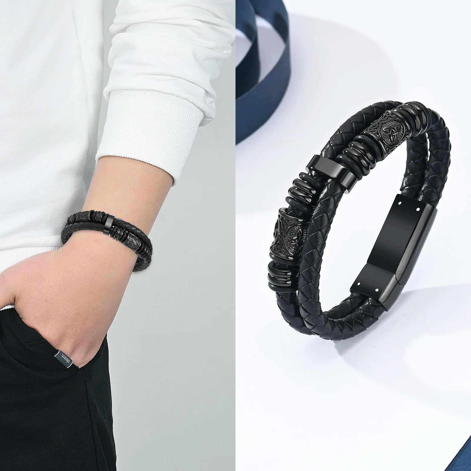 XYNSNDB Bransoletka kremacyjna na popiół dla mężczyzn Biżuteria pamiątkowa ze stali nierdzewnej Pleciona skórzana opaska na nadgarstek Bangle Keepsake