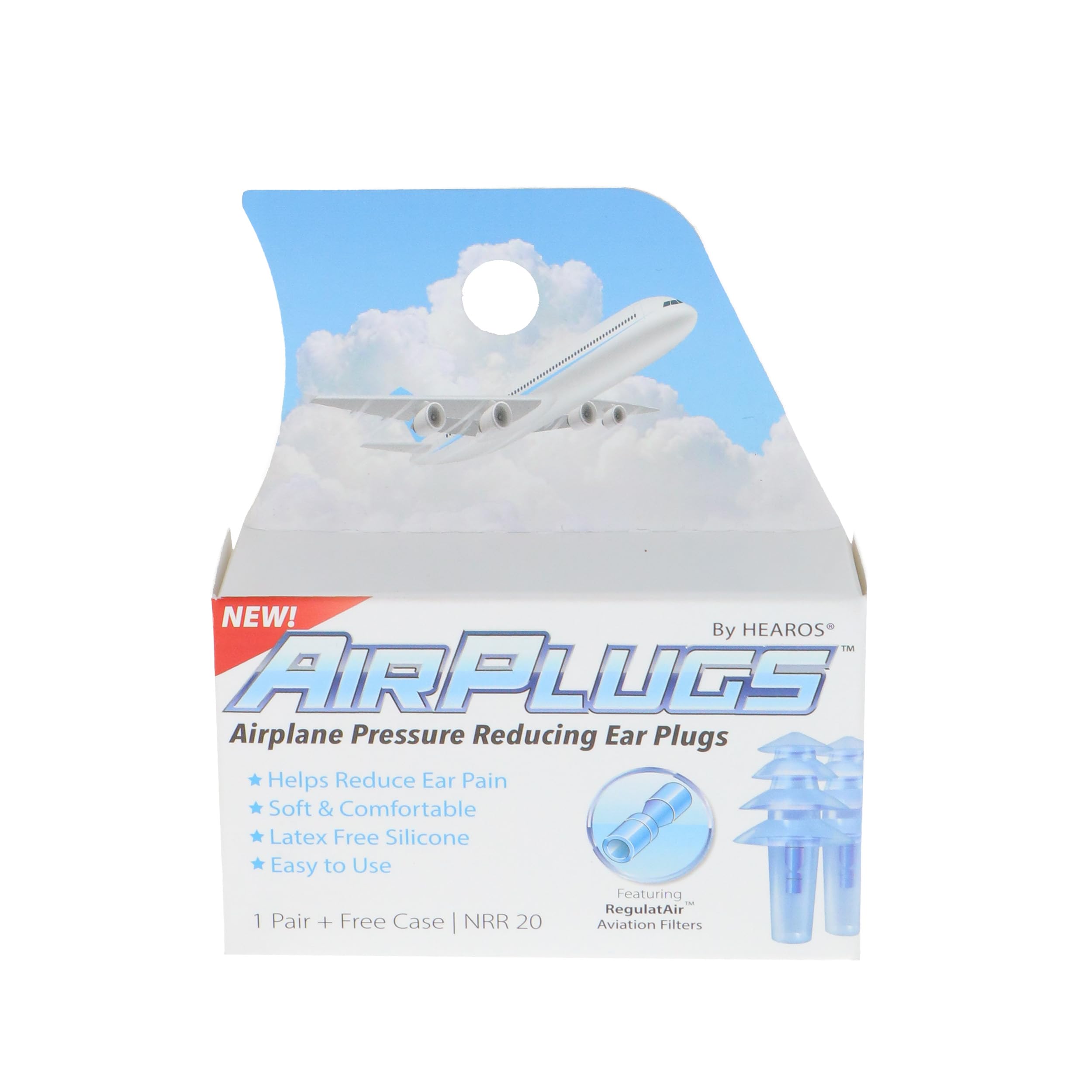 AirPlugs Airline Pressure Reducing Earplugs, 1 Pair + Free Case, Latex Free Silicone, Reduce Ear Pain, NRR 20, Clear (5805)