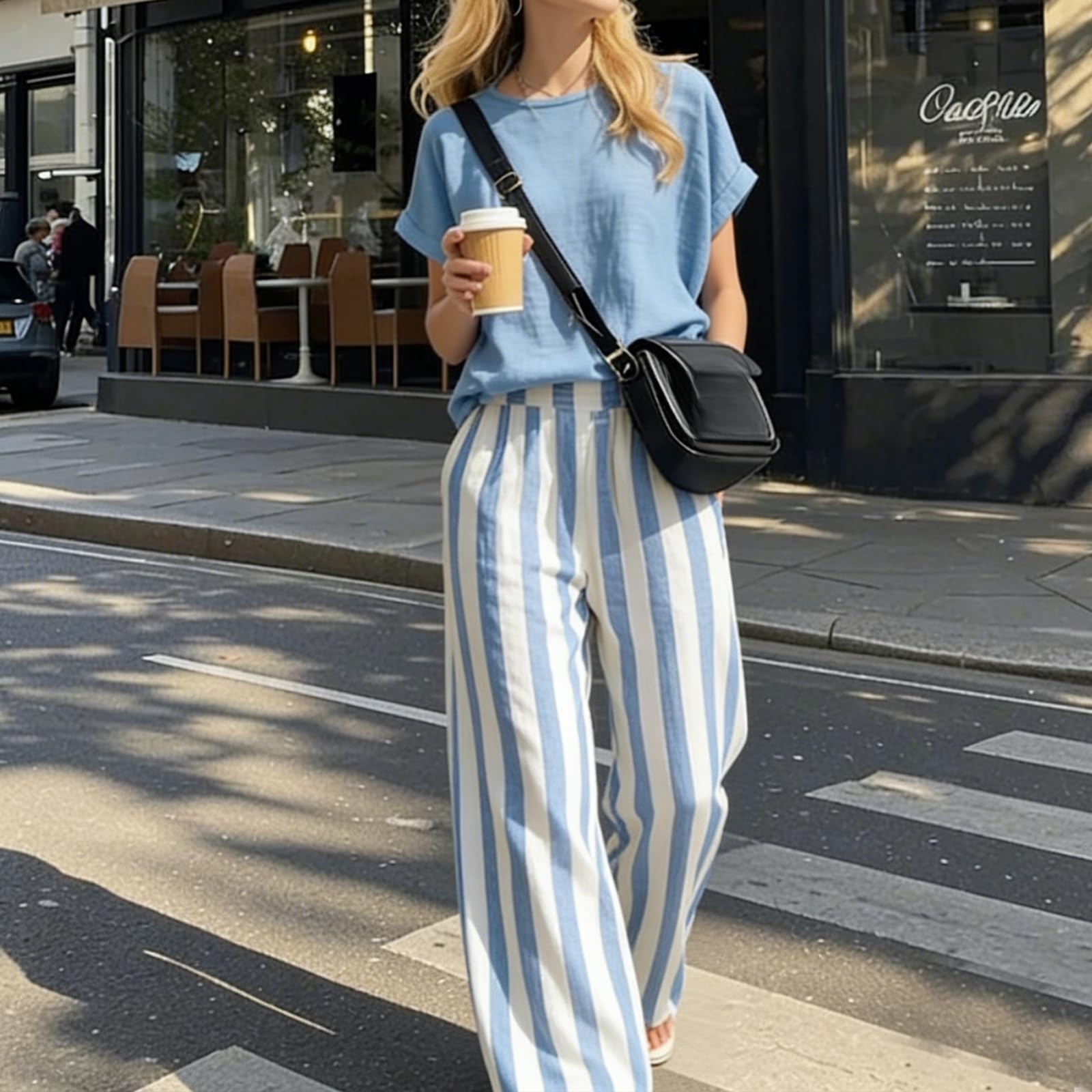 Generisch Conjunto de dos piezas de lino de algodón con rayas de corte holgado, camisa informal y pantalón clásico a rayas de pierna ancha
