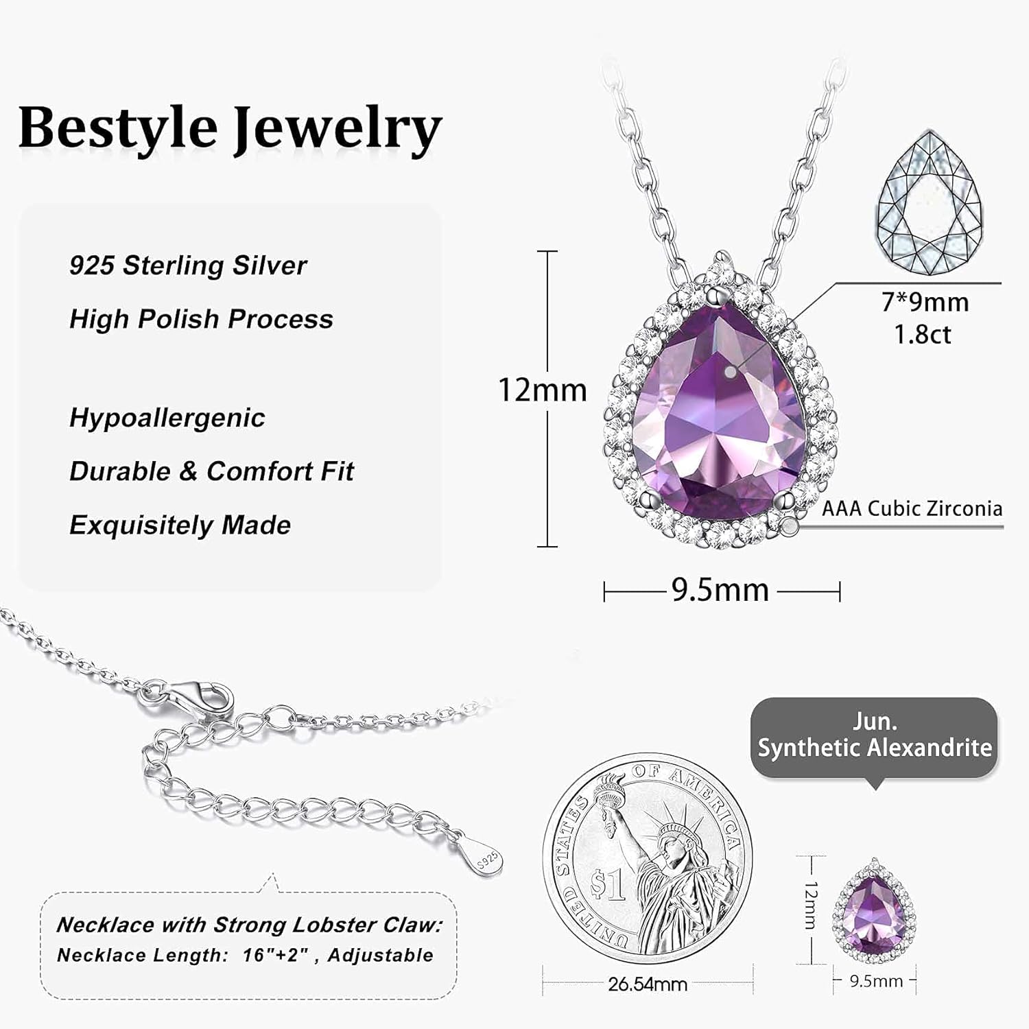 Bestyle Sparkling 925 Sterling Silver Birthstone Necklaces for Women, Created Heart/Round/Teardrop/Square Crystal Solitaire Pendant Diamond Necklace, Great Birthday/Anniversary/Wedding Gifts - Image 6