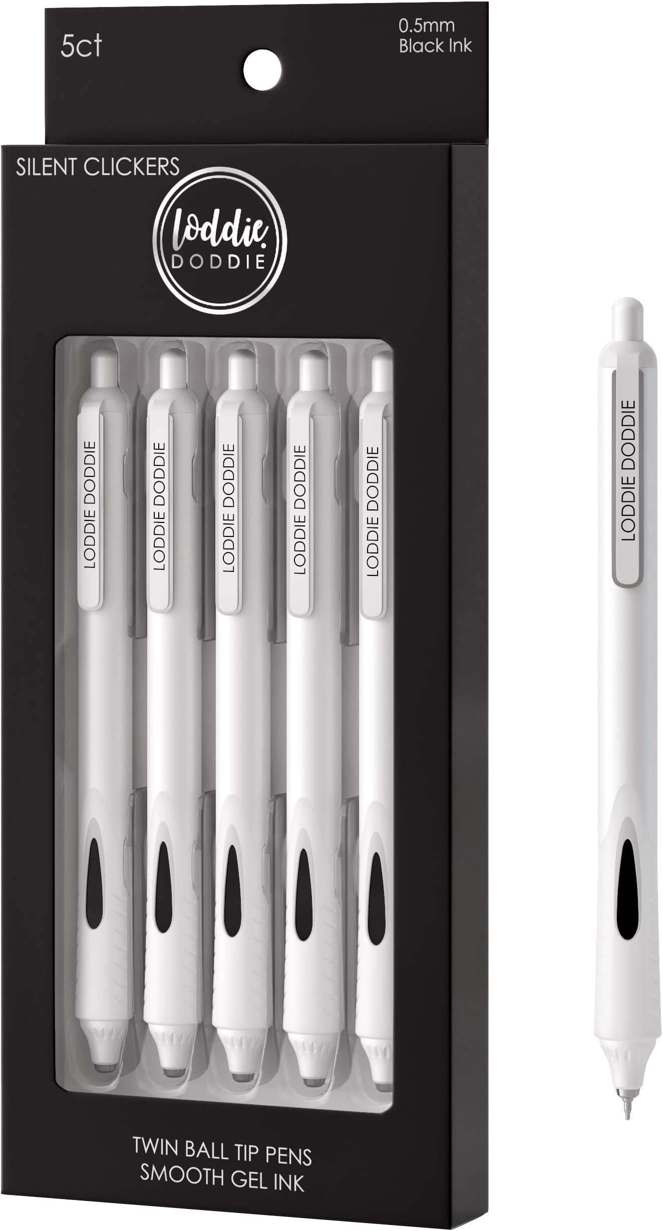 Loddie Doddie Retractable Gel Pens - Pack of 5, 0.5mm, Black Ink - Smooth Quick-Dry Ink Pens for Journaling - Ergonomic Grip for Nurses - Silent-Click Retractable Design for Smooth Writing