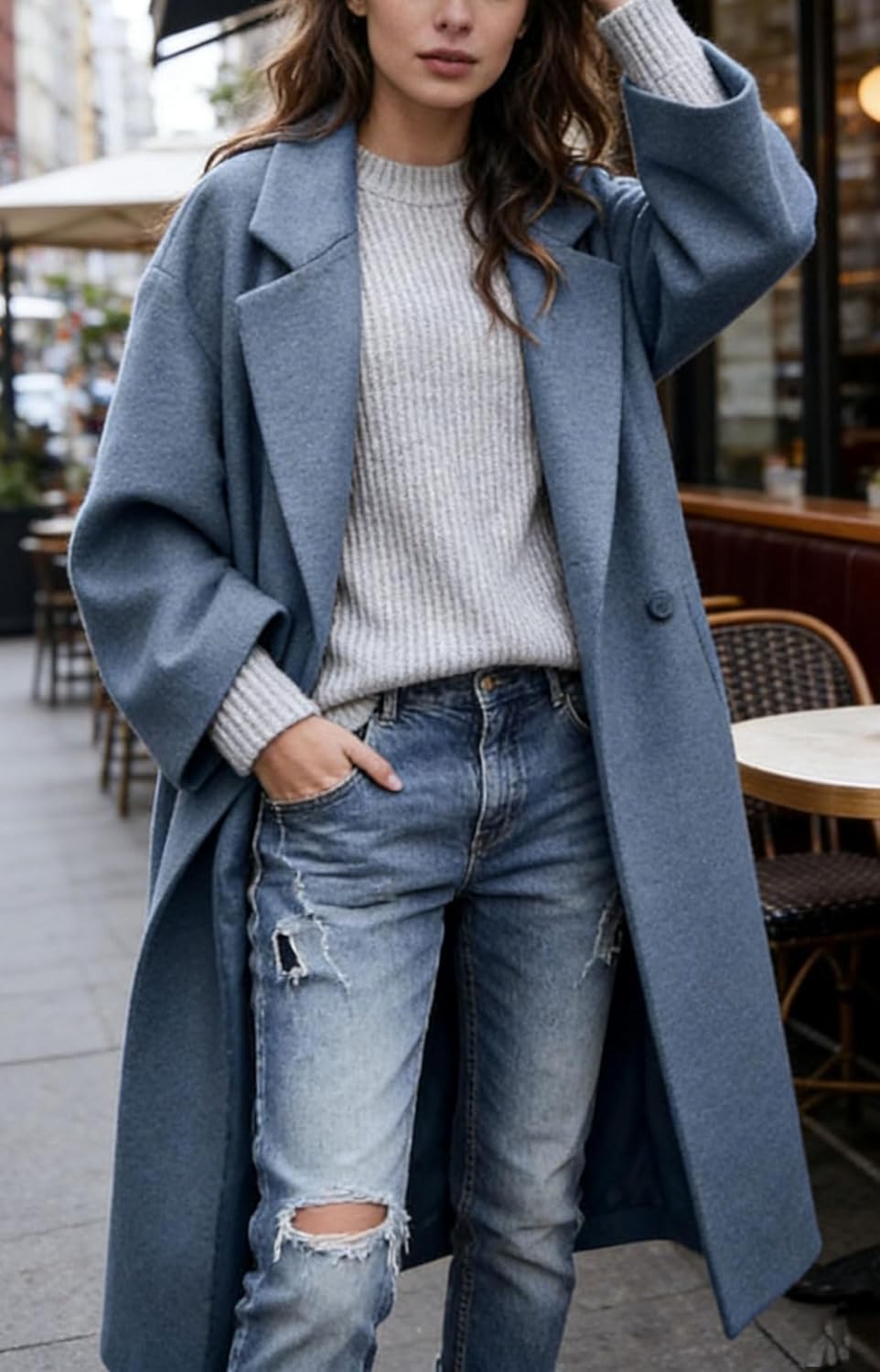 CHARTOU Women's Oversized Notched Collar Wool Blend Single Breast Midi Long Trench Coat - Image 2