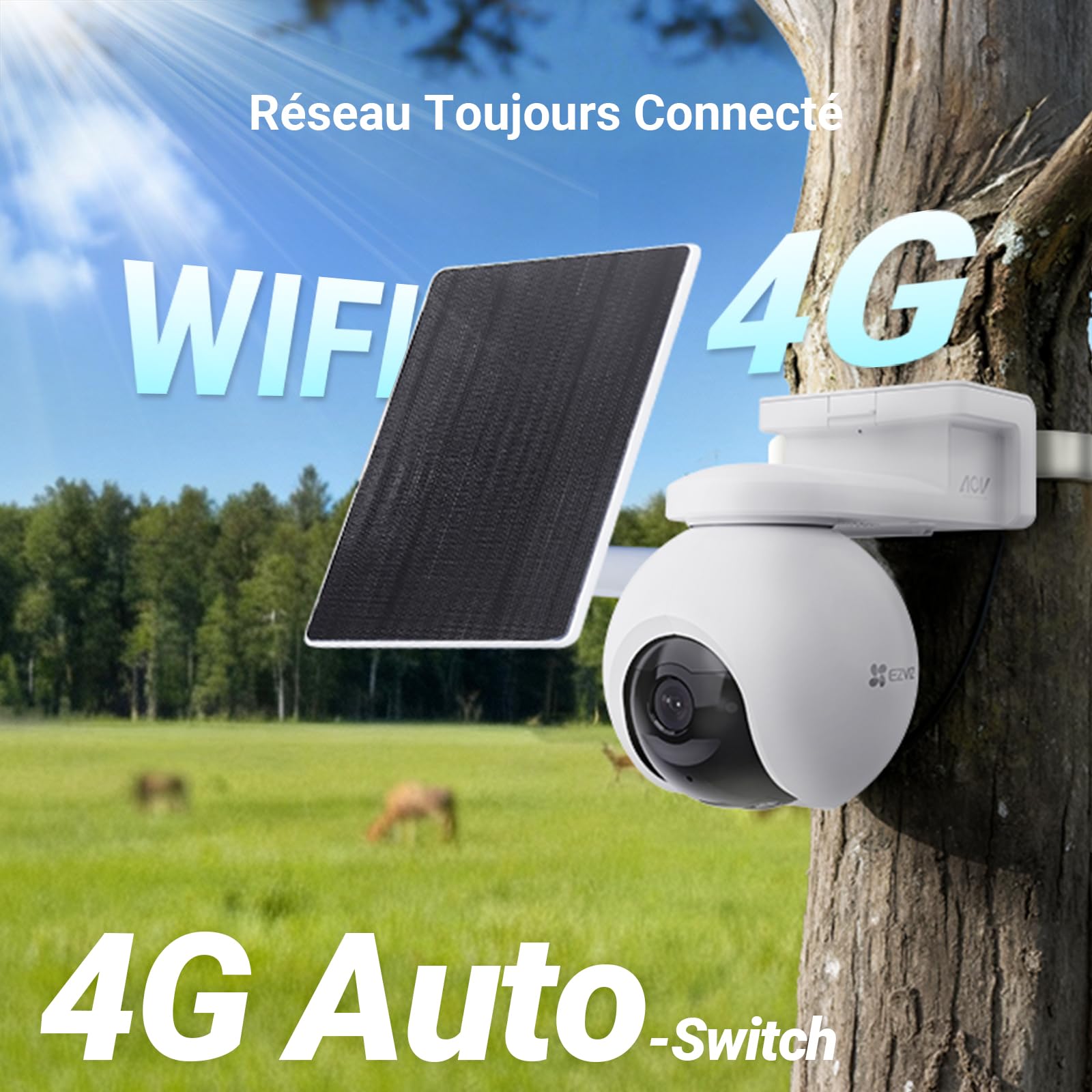EZVIZ 4G LTE 4K Camera Surveillance WiFi exterieure sans Fil avec Panneau Solaire, 4G/Wi-FI basc.Auto, Mode AOV, Détection 20+ Formes d'animaux, Humaine/véhicule, 360° PTZ, EB8 Pro 4G 8MP Kit
