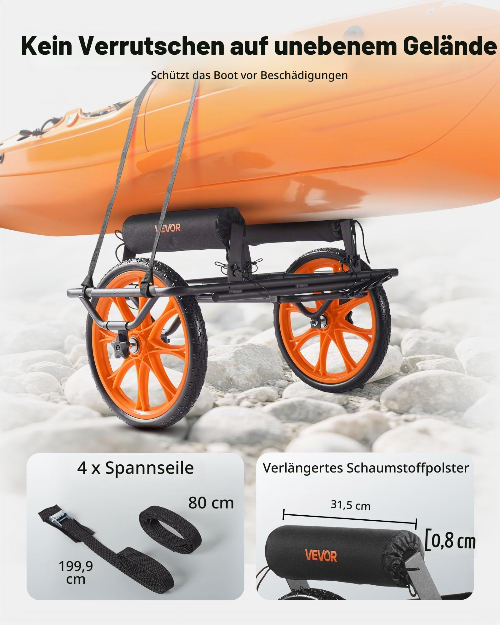 VEVOR Kajakwagen, 150 kg, Kanuwagen mit 38,1 cm Vollgummireifen & Spanngurt, Bootswagen zum Transportieren von Kajaks, Kanus, Paddleboards, Jon-Booten, Wassersportgeräte, 770x495x425 mm