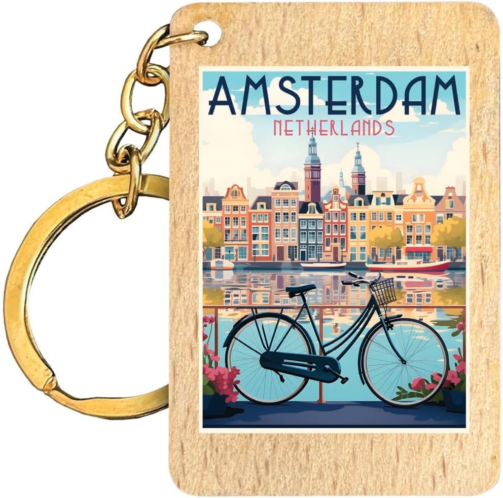 Amsterdam Netherlands Design A Parent row Souvenir Flat Wood Keychain 1.5” x 2.5”