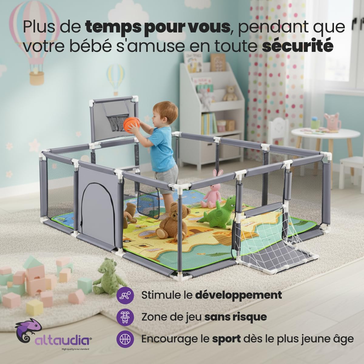 Parc pour bébé + tapis de jeu + ballon de football et basket-ball - Parc pour bébé pliable 180 x 120 x 65 cm - Parc de jeux pour bébé avec maille respirante - Gris