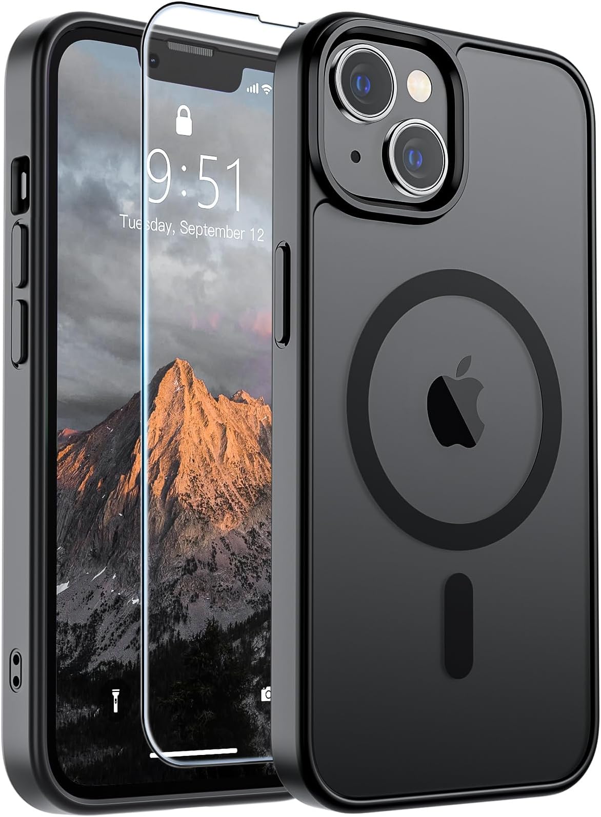 SUPFINE Magnetic for iPhone 13 Case/iPhone 14 Case with Screen Protector (Compatible with MagSafe)(Military Grade Drop Protection) Translucent Matte Phone Cover,Black