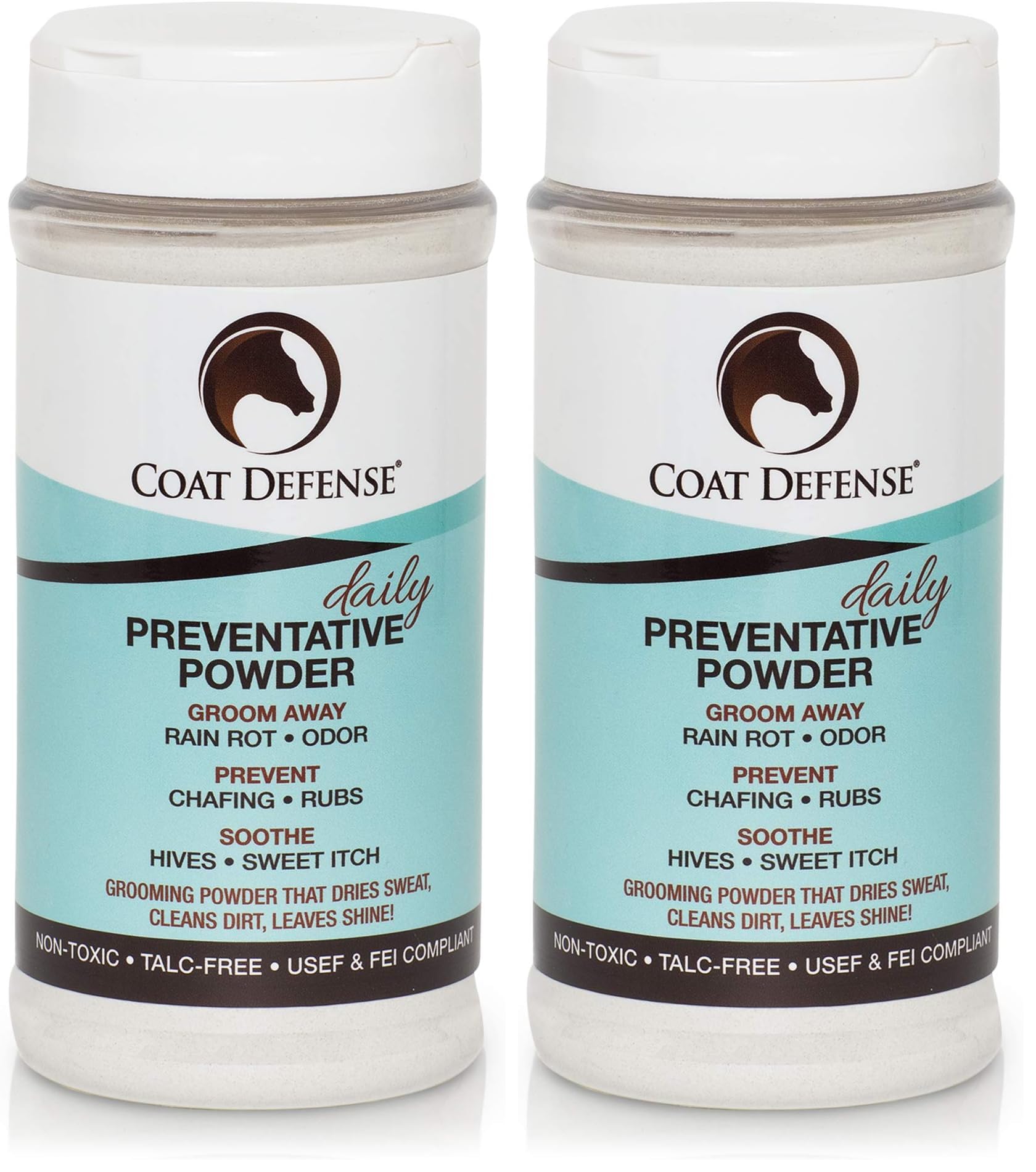 COAT DEFENSE Daily Preventative Powder &amp; Rain Rot Treatment for Horses | Safe &amp; Effective Equine Sweet Itch, Skin Funk, Scratches | Dry Horse Shampoo, 16 oz. | All Natural Ingredients (Pack of 2)