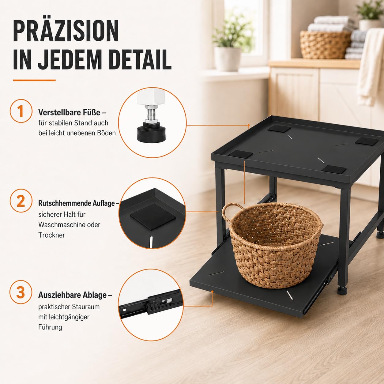 Soporte para lavadora de 45,5 cm, 200 kg, color negro | Marco de acero con almohadillas antivibración, pies ajustables y superficie de almacenamiento