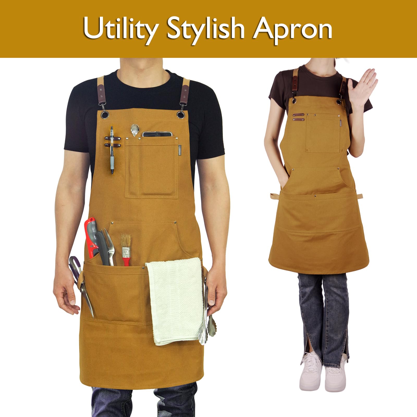 Stenffy Kitchen Apron, Work Apron, Multiple Pockets for Gardening Artist, Painting, BBQ, Carpenter, Sizes M to XXL, Khaki - Image 2