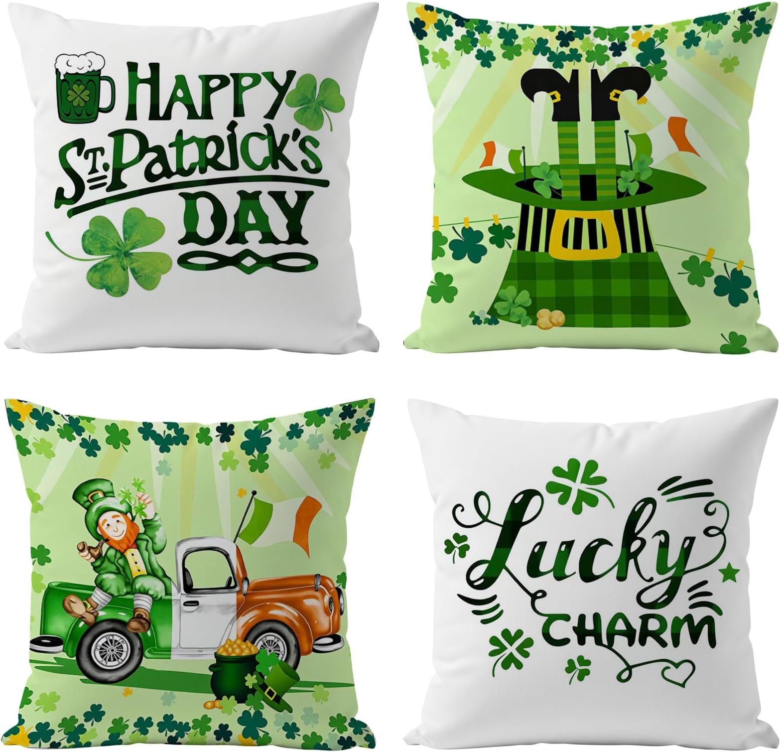 St. Patricks Day Pillow Covers 18x18 Inch Set of 4, Green Leprechaun Shamrock Pillow Covers Lucky Clover Hat Decorative Throw Pillowcases for Sofa Couch Home Farmhouse Decor