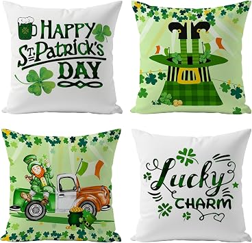 St. Patricks Day Pillow Covers 18x18 Inch Set of 4, Green Leprechaun Shamrock Pillow Covers Lucky Clover Hat Decorative Throw Pillowcases for Sofa Couch Home Farmhouse Decor