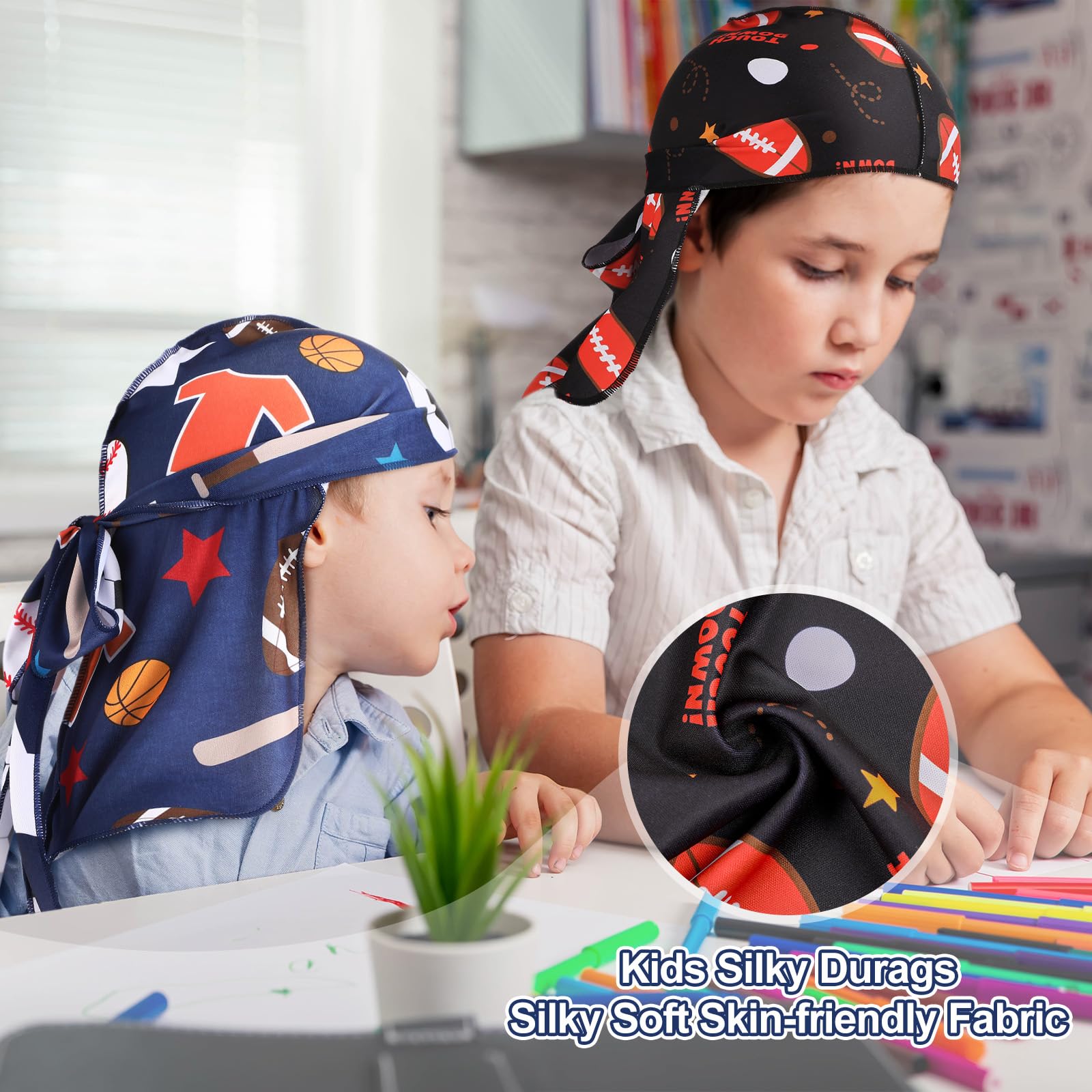 Leumoi 8 Stück seidige Durags für Jungen, Sportball-Thema, langer Schwanz, Satin-Headwrap für Babys, Kleinkinder, Kinder, Nicht spezifisch angegeben, 1 Count (Pack of 8)