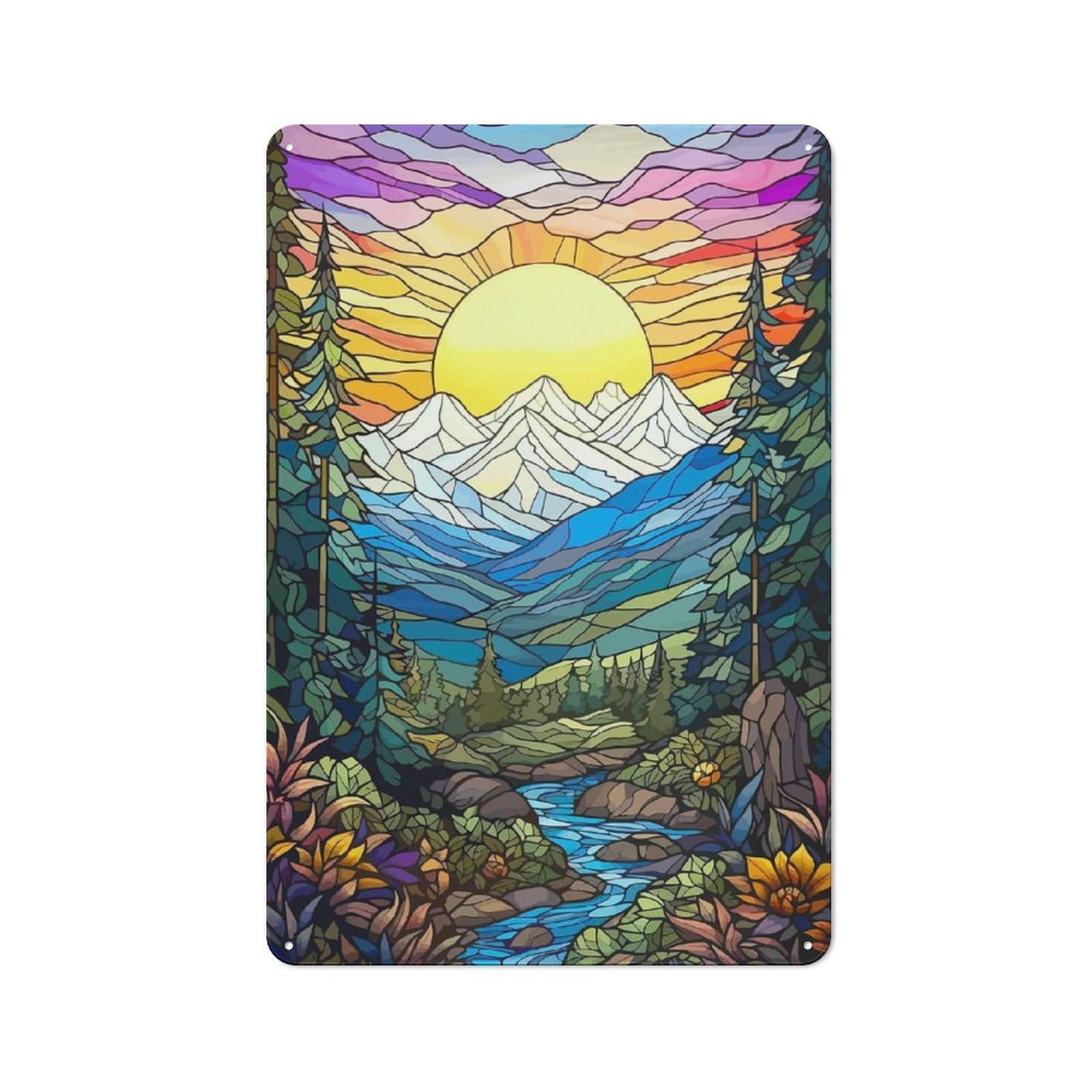 Junmoney Stained Glass Mountain Sunset Rustic Metal Sign 30X20cm For Man Cave Or Games Room, For Vintage Wall Decor Fans, For Garage And Workshop Walls