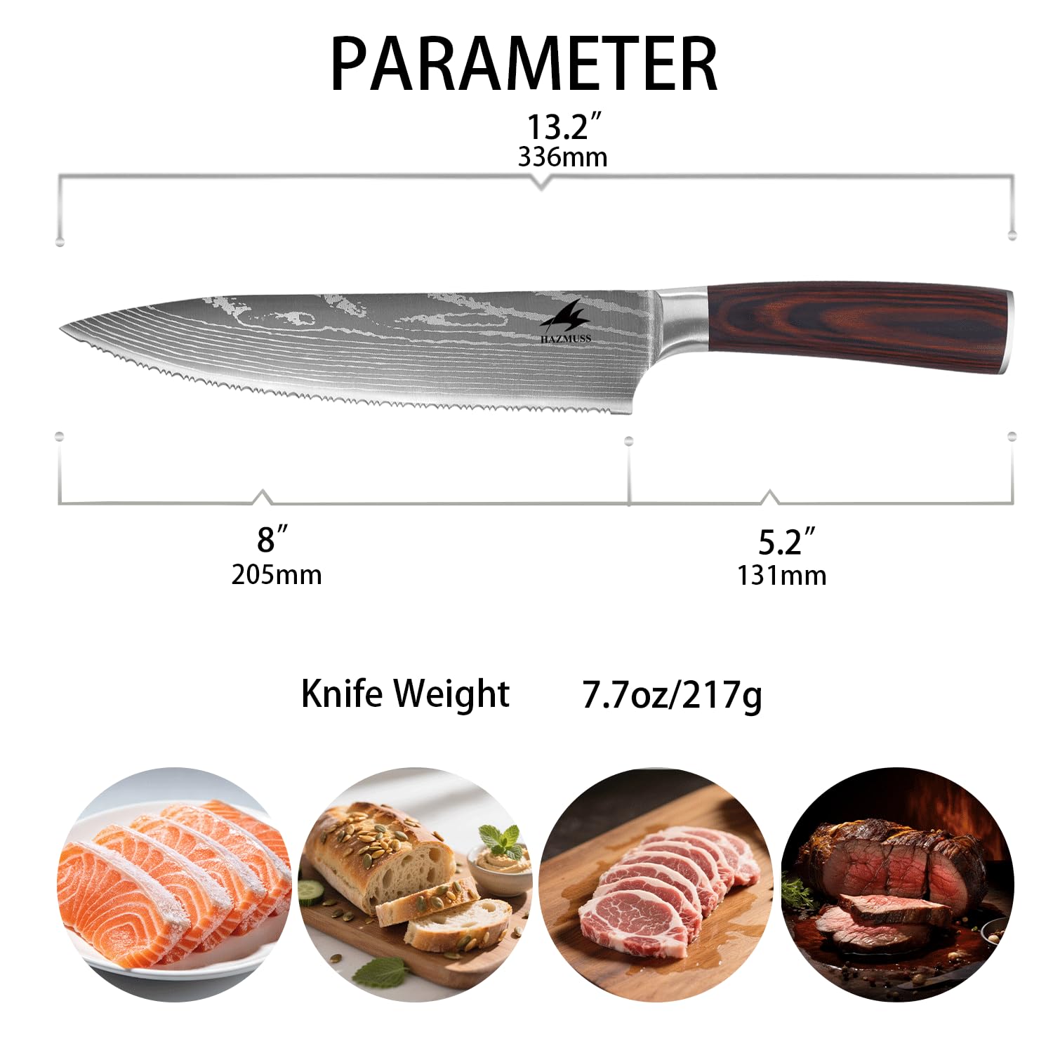 Coltello da Chef Seghettato 20,5 cm – Acciaio Inox ad Alto Carbonio, Manico in Legno Ergonomico – Ideale per Alimenti Congelati, Pane e Carne