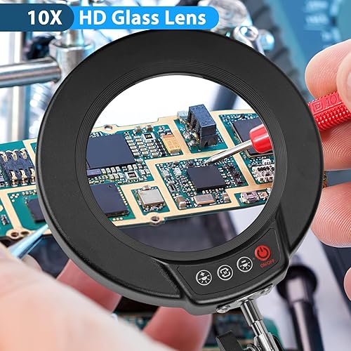 Miniatura 3 de Lupa 10X con luz y abrazadera, 5 modos de color, lupa iluminada de cristal real regulable sin escalones, lámpara de escritorio con lupa LED manos