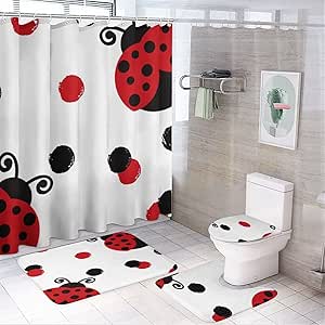 Amazon.com: Cute Red Ladybug 4 Piece Shower Curtain Sets, Non-Slip Rugs ...