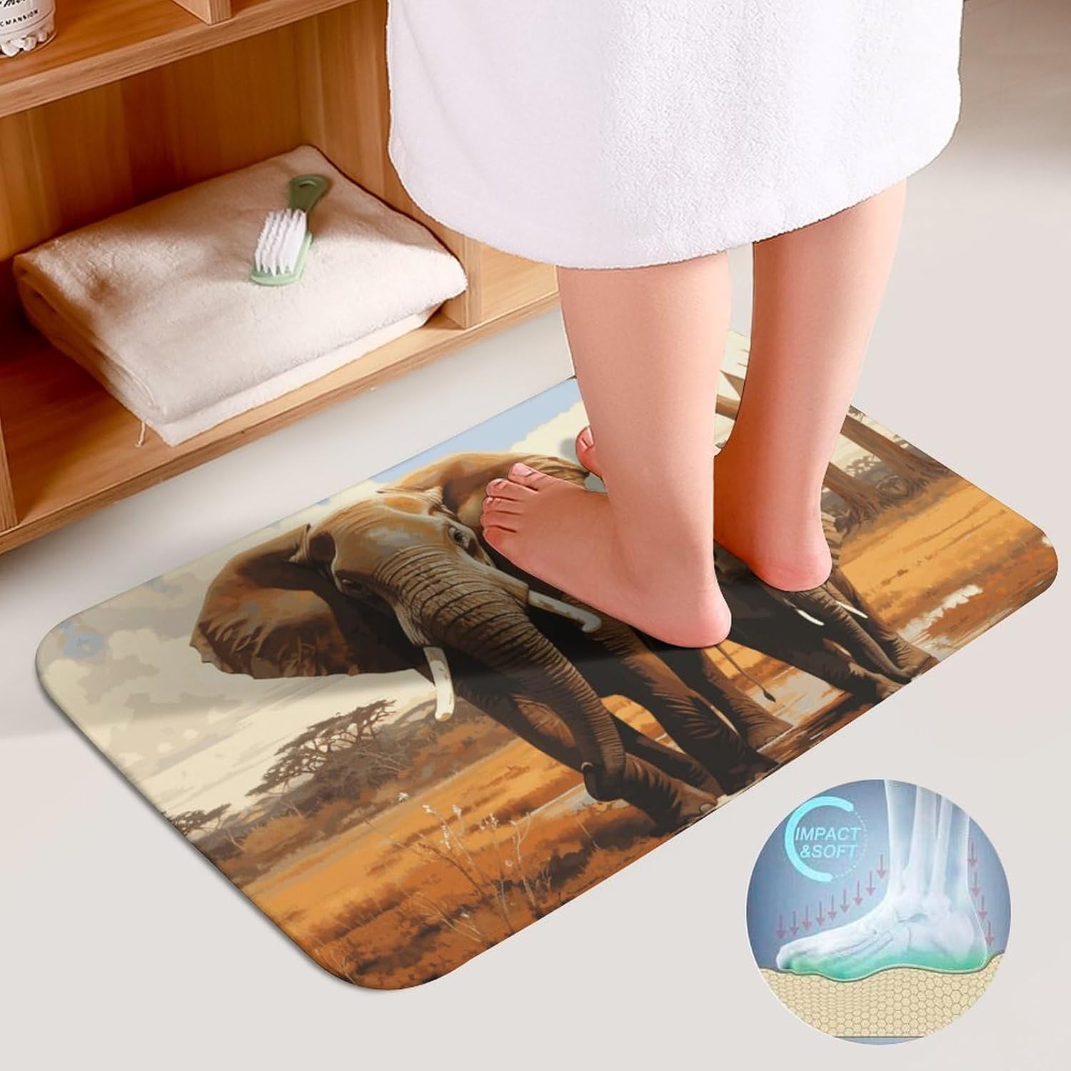 Anti-Skid Floor Mats 3 Piece Set,Elephant Family Printed Coral Fleece Bathroom Mats U-Shaped Contour Mat Toilet Seat Cover for Bathroom, Tub, Shower, Kitchen 19.7"x31.5"