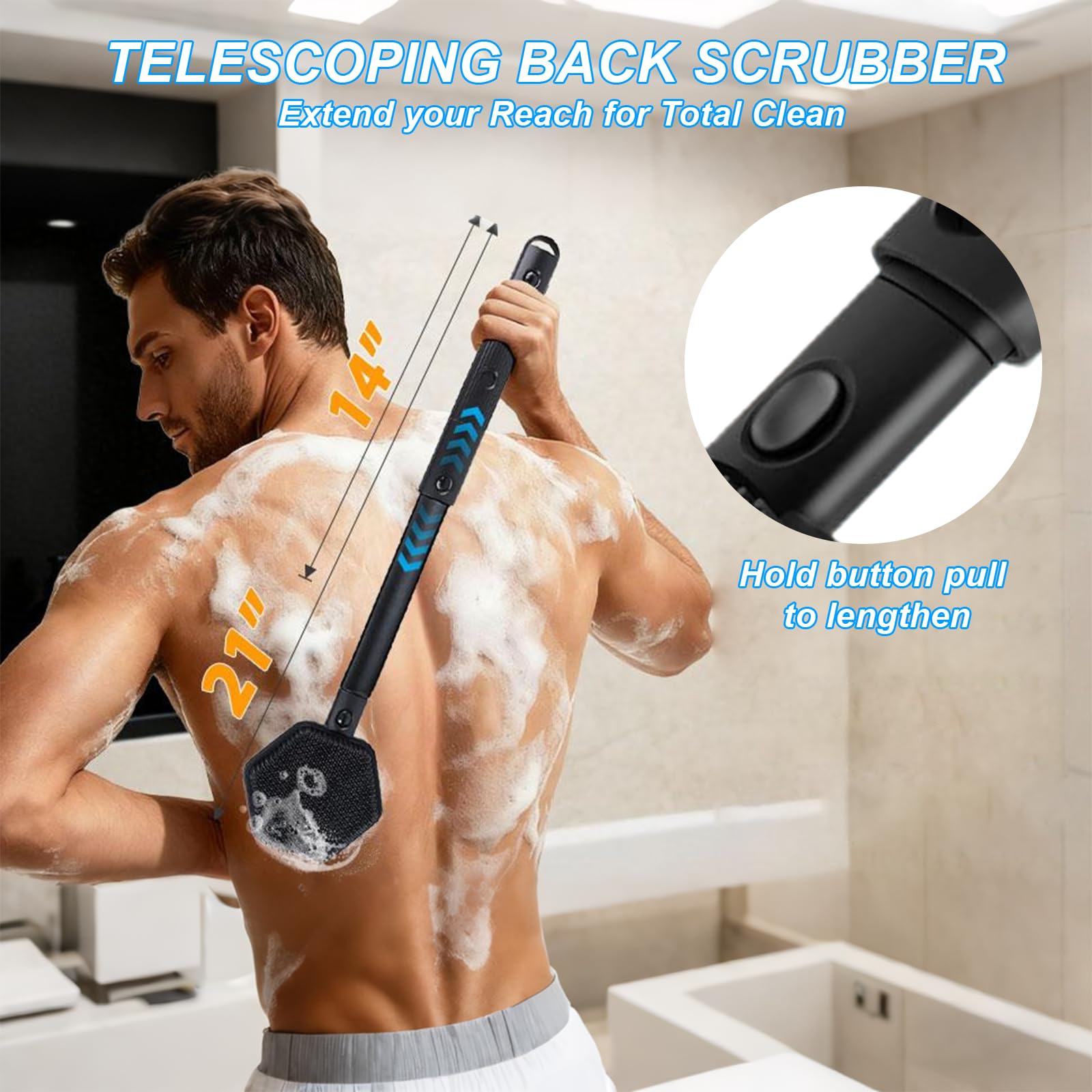 Spazzola Spugna per Doccia in Silicone con Manico Regolabile, Spazzola Corpo Doppia Faccia per Esfoliazione e Massaggio nella Doccia, Spazzola Schiena con Manico Lungo per Spazzolatura a Secco