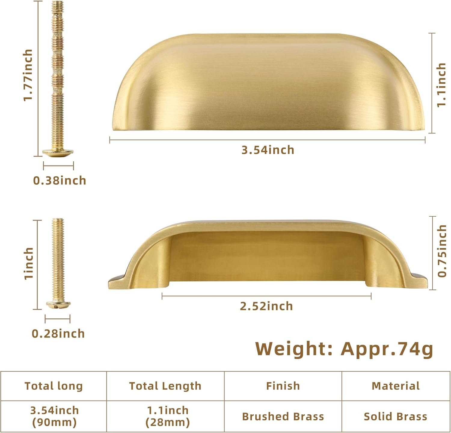 SALISENG-Brushed Matt Gold Kitchen Cabinet Drawer Cup Pulls 5 Pack, 2-1/2 inch Small Solid Brass Cup Knobs for Cupboard Wardrobe, Classic Dresser Vanity Door Handles, Furniture Hardware