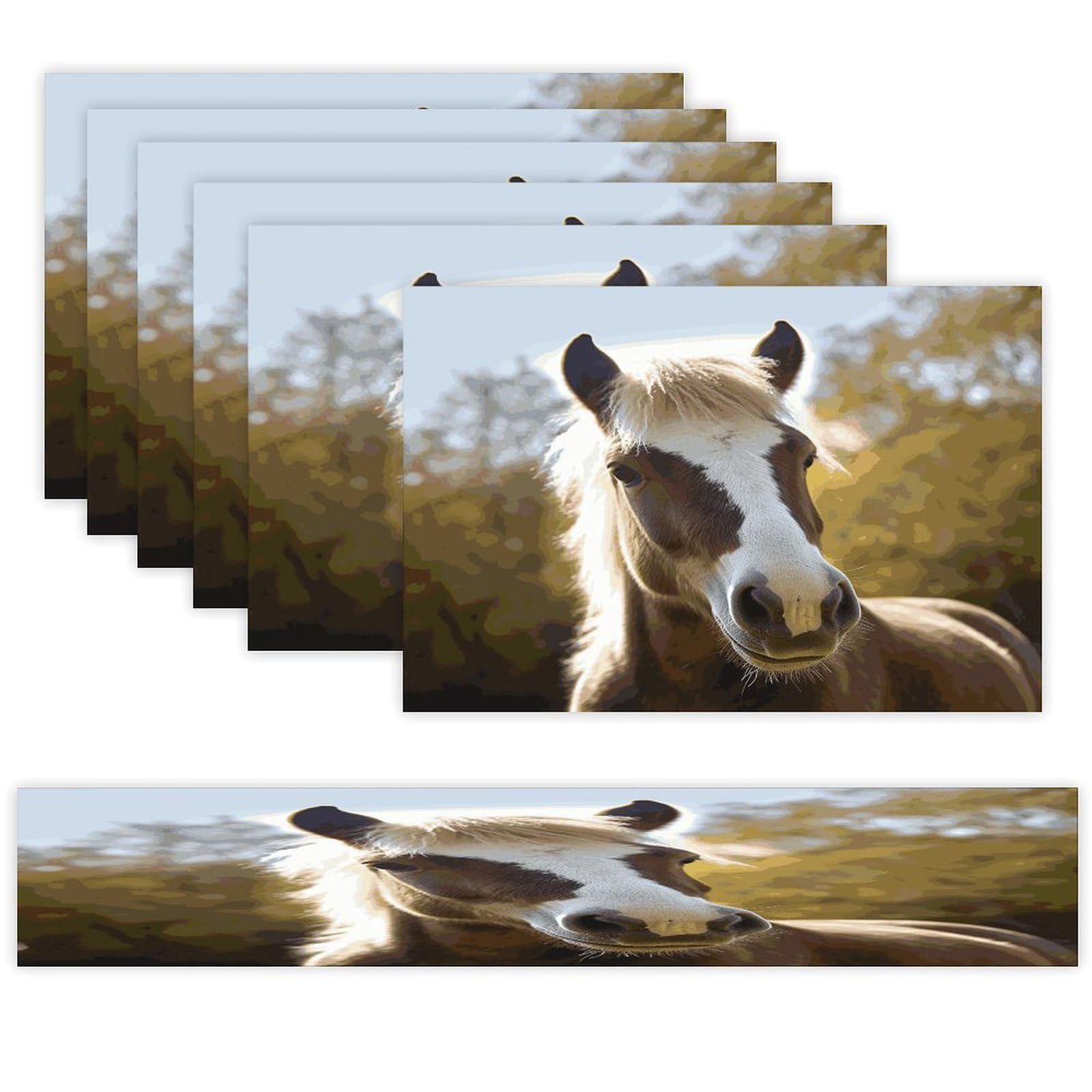 Animal Pony Horse Table Runner and Placemats Set of 6 Wipe Clean Heat Resistant Table Mat with Table Runner Decorations Flax Linen Place Mat Set for Home Kitchen Party Supplies