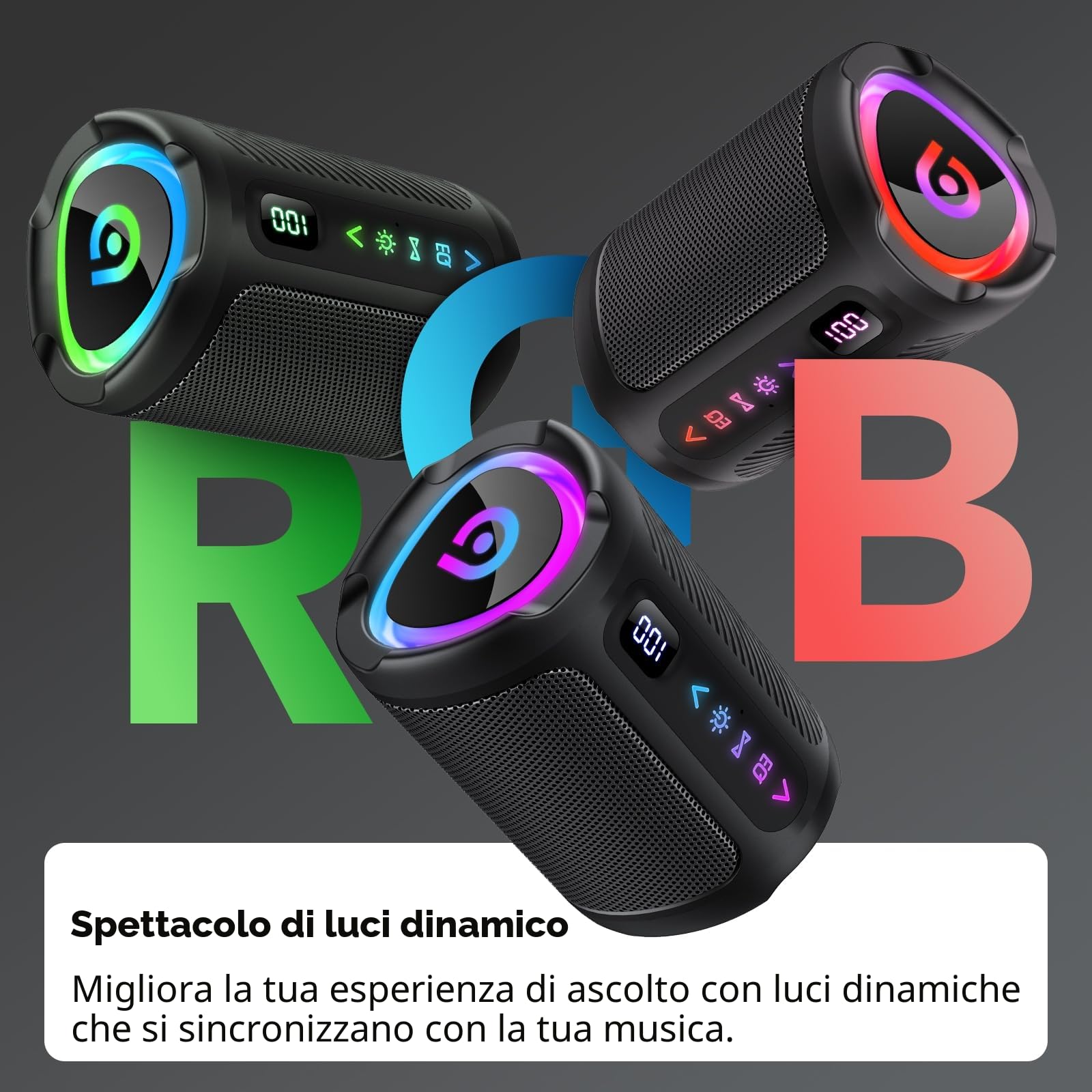 Cassa Bluetooth Portatili senza fili con luce LED, Display Digitale Intelligente+Smart EQ, Altoparlante Bluetooth Bassi Potente, Bluetooth 5.4, Speaker da Esterno per Viaggi, Sport, Feste, Ciclismo