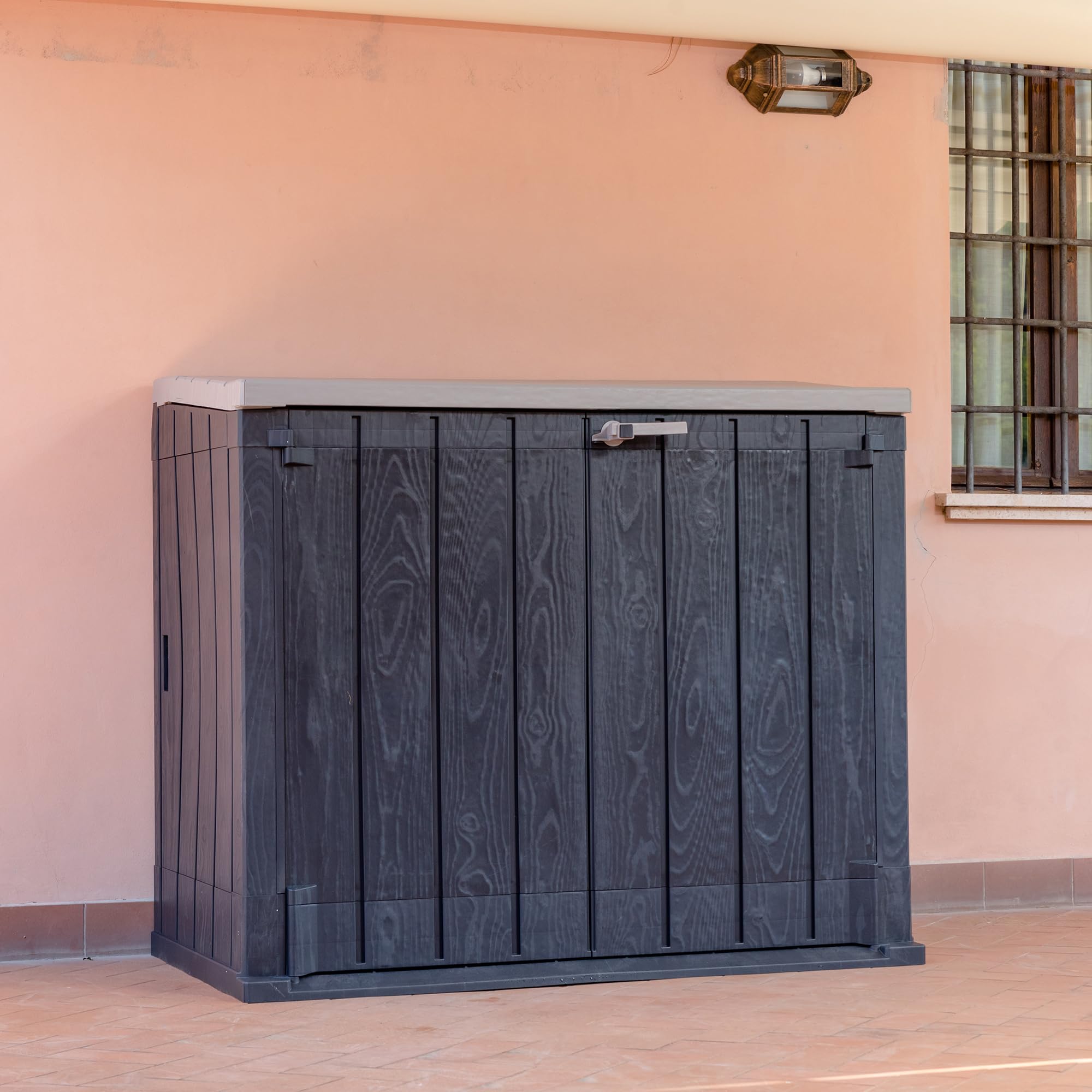 Toomax Storer Plus XL Baule 1270L portattrezzi 145x85x124,5h cm effetto legno antracite/grigio tortora resistente UV esterni