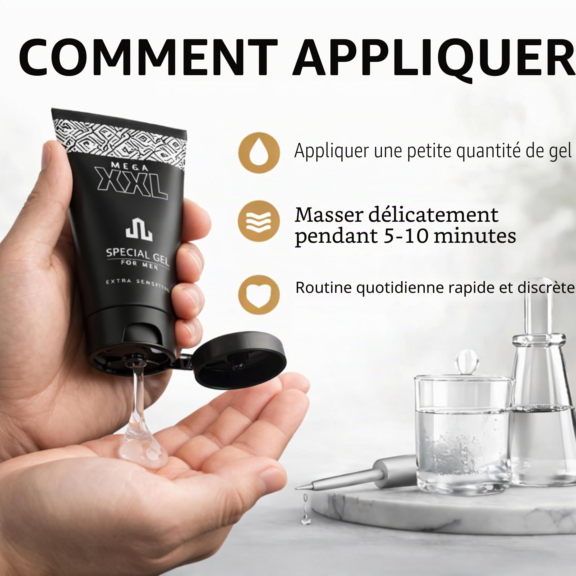 MEGA XXL Gel pénien - 50 ml - Soin intime et gel de massage pour homme - Utilisation de soutien en cas d'agrandissement du pénis - Longueur de mise au point, volume et portée - Routine quotidienne XXL