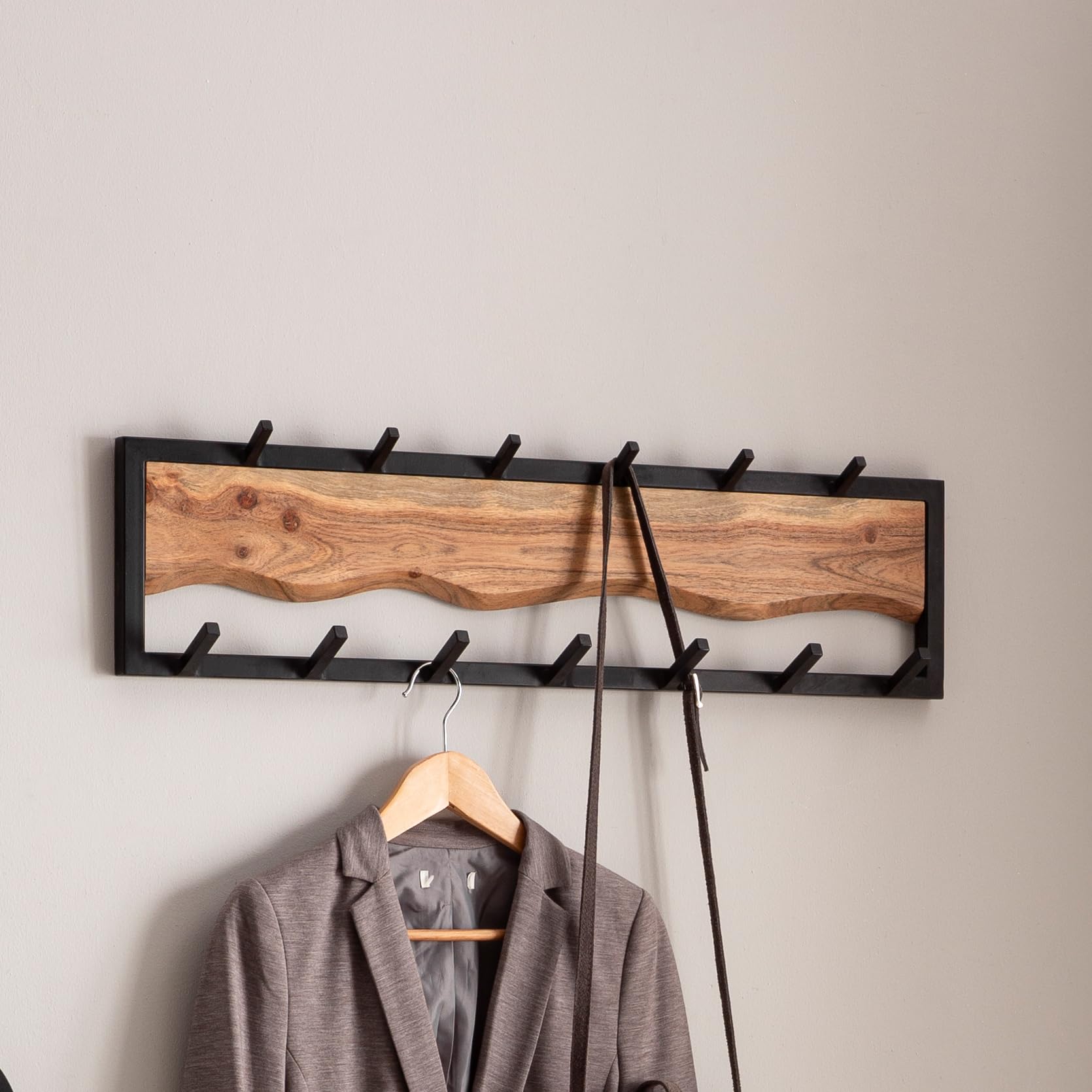 FineBuy Wandgarderobe 80x8x20 cm Akazie Massivholz mit Baumkante