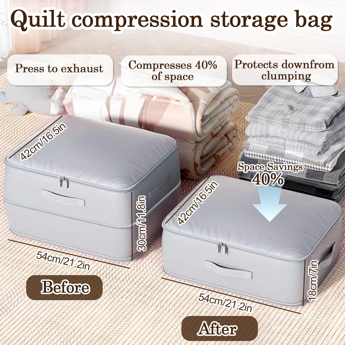 Lot De 3 Sacs De Rangement Auto-compressants Pour Couettes Et Vêtements - Gris - Gain De Place Maximal