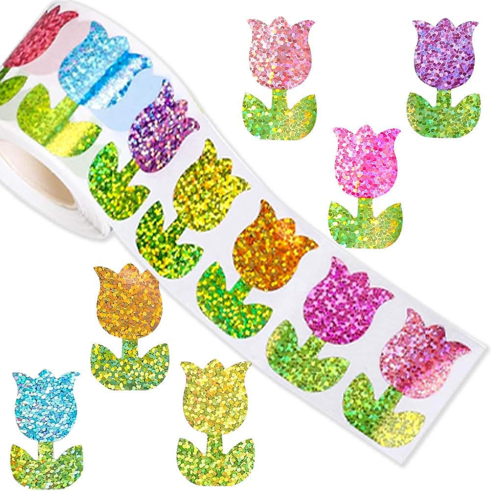 500PCS Easter Stickers Roll 8 Colors Spring Easter Bunny Stickers 1.2in Laser Glitter Self-Adhesive Decorative Label Rabbit Sticker for Envelopes Scrapbook Holiday Party Decorations