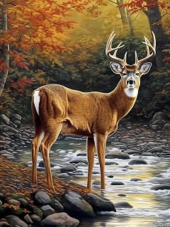 TUTUMAY21 DIY Deer Theme Diamond Painting Kits for Adults Deer at The Creek Diamond Painting, 5D Full Diamond Art Round Diamond Crafts Personalised Gift, Home Wall Decor 12x16in