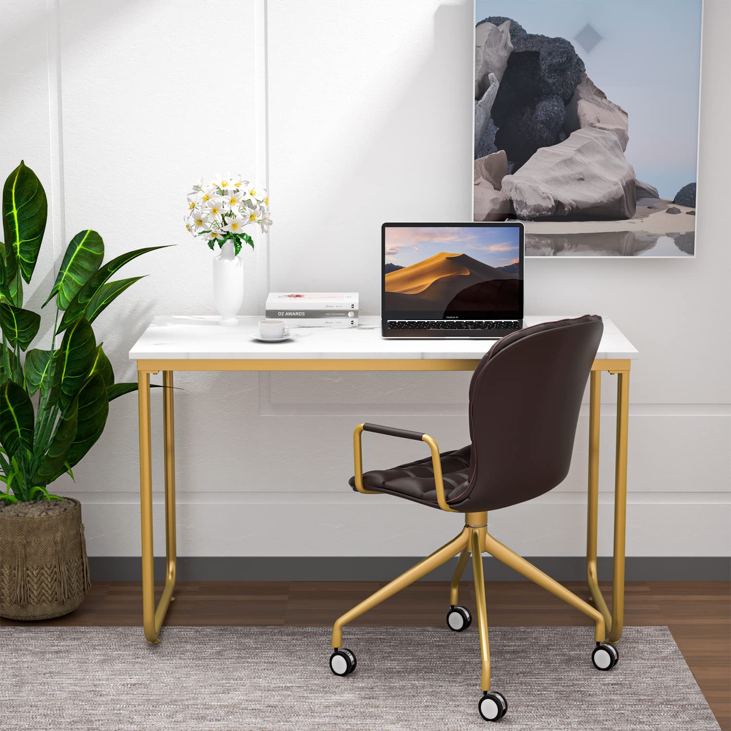 Computer Desk,Home Office Desks,Dorriss 47" Writing Desk,Computer Table,White and Gold Desk, White Faux Marble Desk,Gold Metal Frame, Modern White Computer Desk for Home Office (White Marble+Gold)