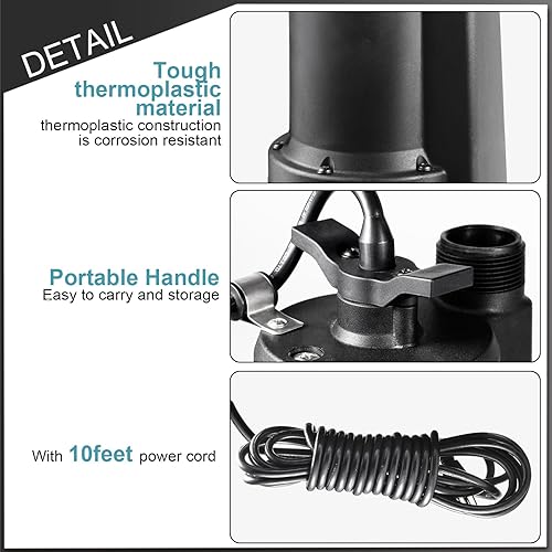 Miniatura 4 de WASSERMANN Bomba de agua sumergible termoplástica de 14 HP de 1850 GPH, bomba de sumidero portátil eléctrica para drenar piscina, jacuzzis, jardín,