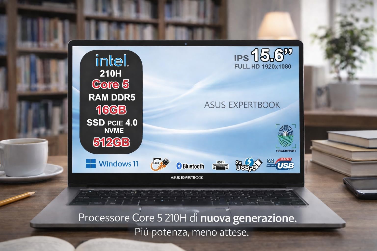 ASUS ExpertBook P1 Notebook, Intel Core 5 210H, 16GB DDR5, SSD 512GB NVMe PCIe 4.0, Display 15,6" FHD Antiriflesso, USB-C Gen2, LAN RJ45, Wi-Fi 6, Bluetooth 5.4, Windows 11 Pro, 24 Mesi Garanzia