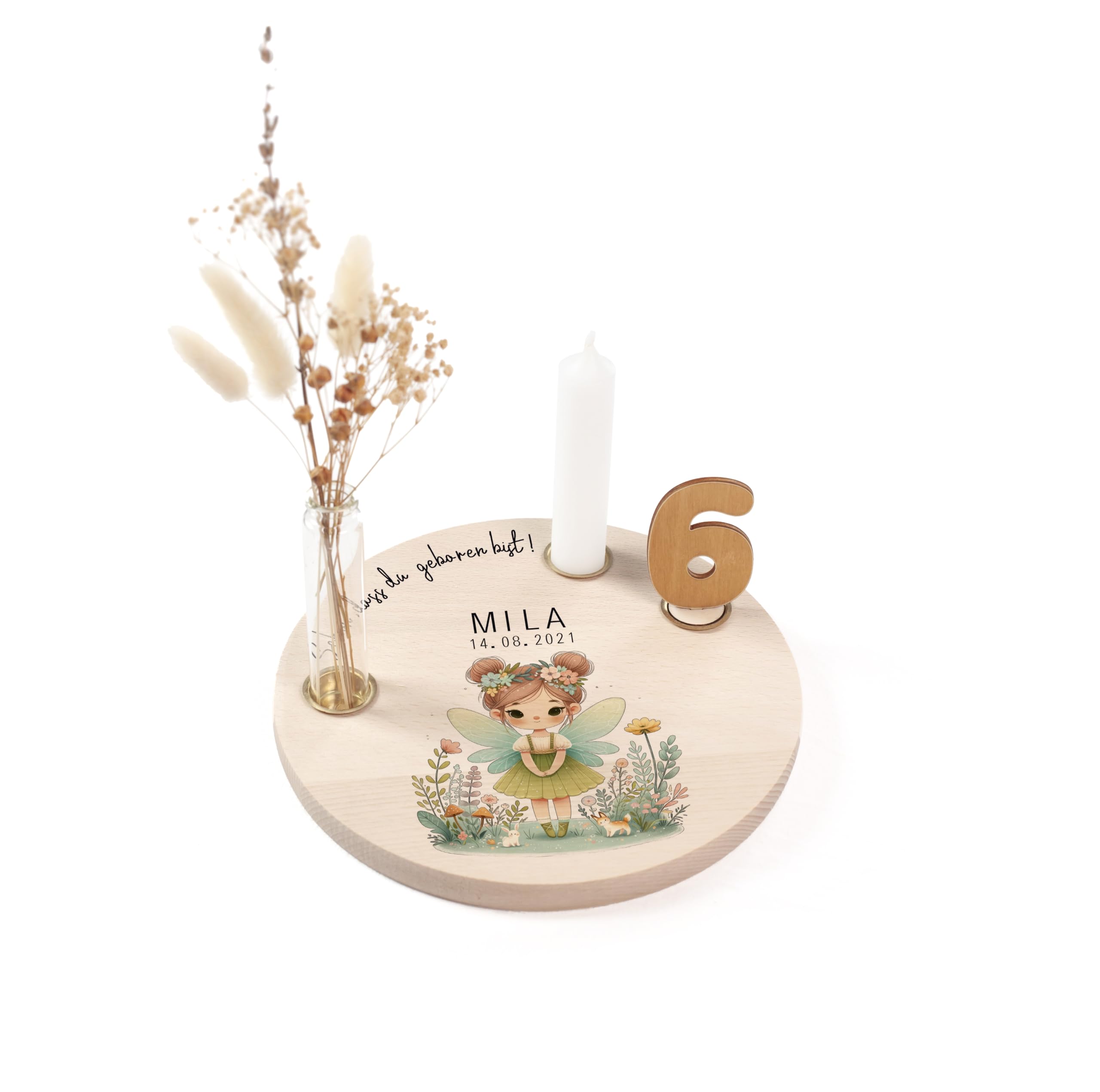 Nord-Kind® personalisierter Geburtstagsteller aus Holz mit Kerzen, Vase & Zahlen [20cm Ø]| Geburtstagsteller Holz | Geburtstagsteller personalisiert | Kerzenteller Geburtstag Kinder | Fee 5